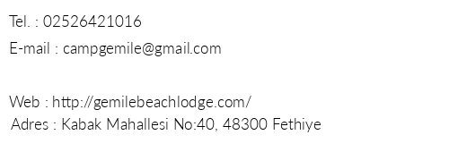 Gemile Beach Lodge Kabak telefon numaralar, faks, e-mail, posta adresi ve iletiim bilgileri